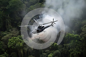 battle-scarred helicopter dashes through smoking jungle after fierce skirmish photo