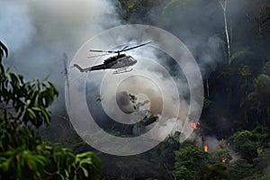 battle-scarred helicopter dashes through smoking jungle after fierce skirmish photo