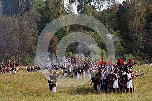 Battle scene. Borodino battle historical reenactment in Russia