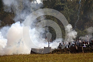 Battle scene. Borodino battle historical reenactment in Russia