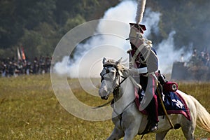 Battle scene. Borodino battle historical reenactment in Russia