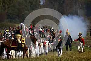 Battle scene. Borodino battle historical reenactment in Russia