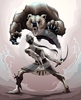 Battle scene between an elf and an angry bear