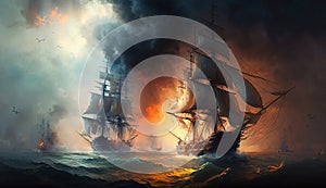 Battle of sea, old sailing ships in fire and smoke, illustration, generative AI