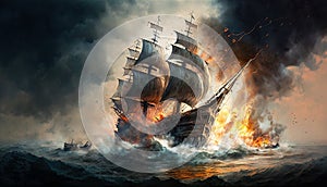 Battle of sea, old wooden ship sailing on background of fire and smoke, illustration, generative AI