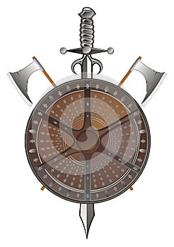 Battle shield with axes and sword