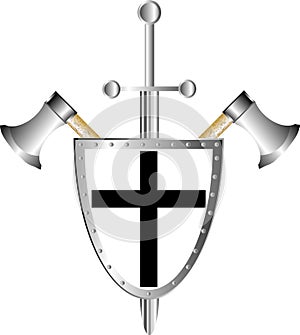 Battle shield with axes and sword