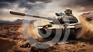 Battle Tank in Action in Desert. Military Operation in the desert. Military concept.
