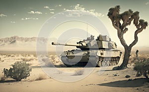 Battle tank moving at over the sand. Heavy armored military vehicle maneuvering in the desert