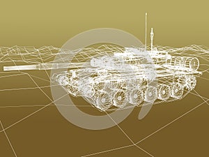 Battle tank on sand wire frame ,3d