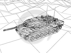 battle tank on sand wire frame ,3d