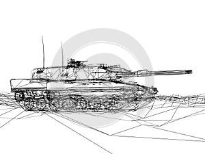 Battle tank on sand wire frame ,3d
