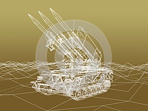 Battle tank on sand wire frame ,3d