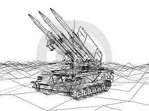 Battle tank on sand wire frame ,3d