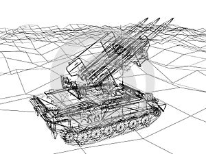 Battle tank on sand wire frame ,3d