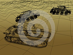 Battle tank on sand wire frame