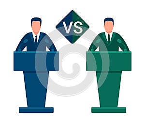 Battle of team leaders, fight of opponents. Comparison vs, versus. Man in conference suit on podium, tribune. Speech by people