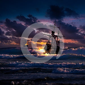 A battle between two sailing ships on the open sea during a storm. Pirate attack on a merchant ship