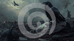 Battlefield Lament: Raven\'s Vigil Over Fallen Viking Warrior
