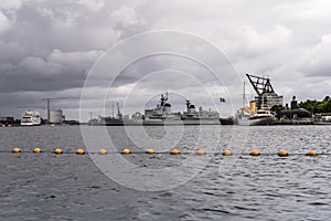 Battleship moored in harbor, Copenhagen