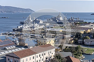 Battleships at docks, La Spezia, Italy