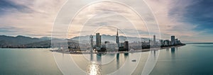 Batumi, Adjara, Georgia. Aerial panorama view from drone with modern buildings on seafront promenade. Beautiful resort