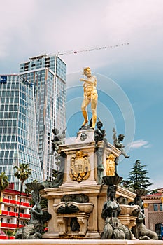 Batumi, Adjara, Georgia. Neptune Fountain in park on Rustaveli Ave