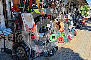BATUMI, GEORGIA - JULY 01, 2023: Sale of various household materials and items on one of the streets in Batumi