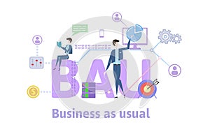 BAU, Business as usual. Concept table with keywords, letters and icons. Colored flat vector illustration on white