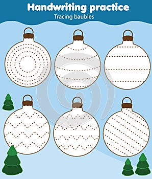 Baubles tracing lines for toddlers. Handwriting practice sheet. Educational children game, printable worksheet for kids. Christmas