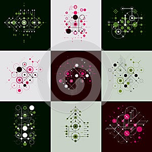 Bauhaus art composition. Set of decorative modular vector wallpapers with circles and grid. Retro style patterns