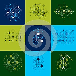 Bauhaus art composition. Set of decorative modular vector wallpapers with circles and grid. Retro style patterns