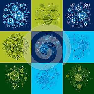 Bauhaus art composition. Set of decorative modular vector wallpapers with circles and hexagons. Retro style patterns