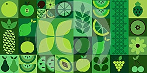 Bauhaus food. Abstract geometric fruits, bright colorful green pattern, simple forms. Natural organic background, modern banner or