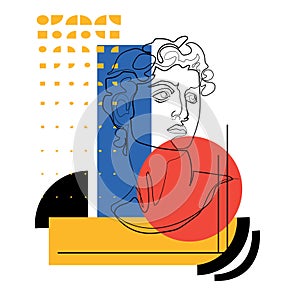 Bauhaus illustration, line art Michelangelo's David bust with geometric abstract shapes Vector graphic.