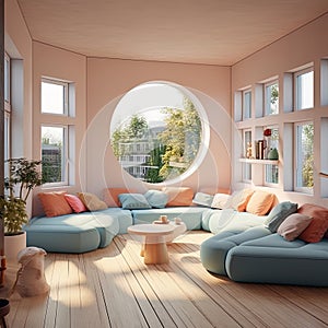 Bauhaus interior design in soft pastel colours and natural light