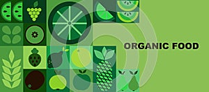 Bauhaus organic food banner. Abstract geometric fruits, bright colorful green pattern, simple forms. Natural organic background,