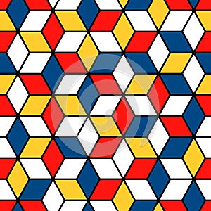 Bauhaus seamless pattern. Repeating mondrian shape. Cubism yellow, blue and red color. Repeated geometric patern for design prints photo