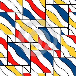 Bauhaus seamless pattern. Repeating mondrian shape. Cubism yellow, blue and red color. Repeated geometric patern for design prints