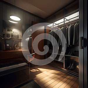 Bauhaus style interior of man\'s wardrobe in modern house