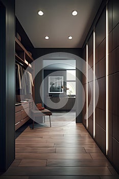 Bauhaus style interior of wardrobe in brown colors in modern house