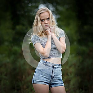Bautiful Blond Teenage Girl Alone In The Woods