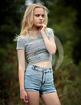 Bautiful Blond Teenage Girl Alone In The Woods