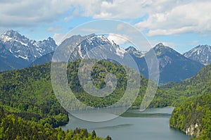 Bavaria, Germany-28.05.2013: Bavarian Neuschwanstein. Mountain lake Alpsee - view from the observation deck of the castle