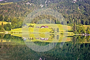 Bavarian Alps lake reflection, Hintersee lake in Berchtesgaden Alpine landscape mirror view