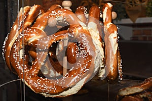 Bavarian authentic pretzels for Oktoberfest or Autumn Fest, Christmas.German, Austrian salted brezel