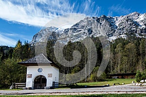 Bavarian Chapel in front of the Alp Mountains