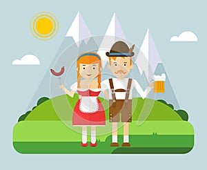 Bavarian couple with beer and sausages in mountain