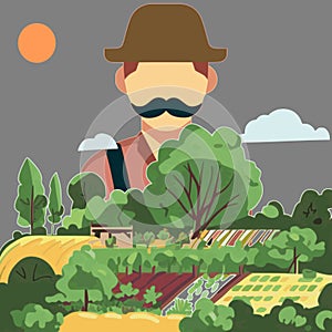 Bavarian farmer overseeing agroforestry farmland vector design illustration photo