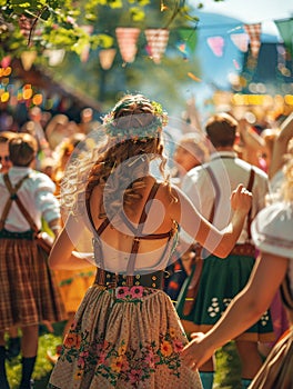 Bavarian folk dancers performing at an Oktoberfest event, dressed in lederhosen and dirndls, with a band playing traditional music photo